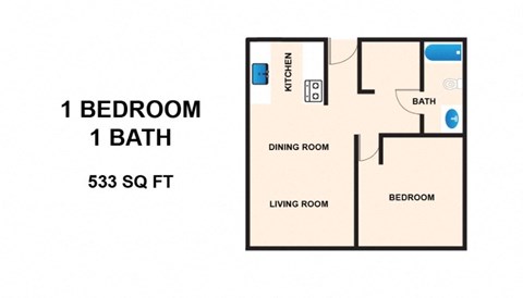 Floor plan for 1 bed, 1 bath, 533 sqft